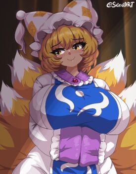  1girl animal_ears blonde_hair blush breasts brooch curvy eyebrows_hidden_by_hair eyelashes fox_ears fox_tail frilled_sleeves frills hands_in_opposite_sleeves hat highres huge_breasts jewelry kitsune kyuubi looking_to_the_side mob_cap multiple_tails ofuda seireiart short_hair shy smile standing tabard tail touhou wide_hips yakumo_ran yellow_eyes  rating:General score:31 user:ComboBreaking