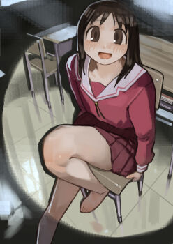  1girl absurdres azumanga_daioh's_school_uniform azumanga_daiou bare_legs barefoot black_hair blush chair commentary desk english_commentary highres indoors kasuga_ayumu knee_up long_hair long_sleeves looking_at_viewer miao_jiangyou on_chair pleated_skirt red_serafuku sailor_collar school_chair school_desk school_uniform serafuku sitting skirt smile solo tile_floor tiles white_sailor_collar 