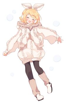  1girl :d ^_^ aran_sweater black_pantyhose blonde_hair blush brown_socks cable_knit closed_eyes commentary_request dress earmuffs full_body hair_ornament hairclip highres kagamine_rin long_sleeves mani_(manidrawings) open_mouth pantyhose parallel_hairclips parted_bangs ribbed_socks shoes short_hair simple_background smile socks solo standing sweater sweater_dress vocaloid white_background white_dress white_shoes white_sweater 