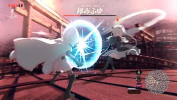  2girls aqua_eyes azusa_mifuyu bare_shoulders battle black_boots black_coat black_gloves black_shirt black_shorts black_sleeves black_thighhighs bodystocking boots bow bridge chakram character_name cloak closed_mouth coat commentary_request crop_top detached_sleeves floating_cape floating_clothes from_behind full_body fur-trimmed_coat fur-trimmed_sleeves fur_trim gloves grey_bow hair_bow hair_horns health_bar holding holding_weapon hood hood_down hood_up hooded_cloak hooded_coat huge_weapon long_hair long_sleeves looking_at_another low_ponytail magia_record:_mahou_shoujo_madoka_magica_gaiden magic magical_girl mahou_shoujo_madoka_magica map miniskirt motion_blur multiple_girls multiple_torii nintendo one_eye_closed outdoors parody pink_hair pink_skirt pink_sky pleated_skirt ponytail samidare_(hoshi) shirt short_hair shorts shorts_under_skirt skirt sky sleeveless sleeveless_coat soul_gem sun sunrise tamaki_iroha tareme the_legend_of_zelda the_legend_of_zelda:_breath_of_the_wild thigh_boots thighhighs torii translation_request user_interface very_long_hair weapon white_cloak white_hair white_skirt wide_sleeves 