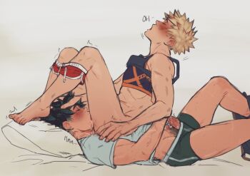  2boys aqua_shirt bakugou_katsuki blonde_hair blush boku_no_hero_academia boxers clothes_pull couple dolphin_shorts erection feet fellatio freckles from_side green_hair green_male_underwear highres lying male_focus male_underwear midoriya_izuku moaning multiple_boys on_back on_bed oral pants pants_pull penis pillow red_shorts shirt short_hair shorts shorts_pull spacenipnops spiked_hair thighs toes underwear yaoi yoi 