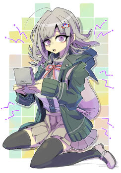 1girl :o backpack bag black_thighhighs commentary_request danganronpa_(series) danganronpa_2:_goodbye_despair eyelashes full_body green_jacket grey_hair grey_shoes grey_skirt handheld_game_console highres holding holding_handheld_game_console hood hood_down hooded_jacket jacket kneeling kumakoro_(tetsupag) lord_of_vermilion medium_hair nanami_chiaki neck_ribbon open_clothes open_jacket open_mouth outline purple_bag purple_eyes purple_shirt red_ribbon ribbon shirt shoes skirt solo teeth thighhighs upper_teeth_only white_outline