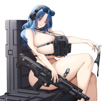  1girl ;) armor black_choker black_panties blue_eyes blue_hair blue_nails blush breasts bulletproof_vest choker closed_mouth dp-12_(girls'_frontline) eyewear_on_head feet_out_of_frame from_side girls'_frontline girls'_frontline_2:_exilium gun helen_(girls'_frontline_2) highres holding holding_panties holding_underwear holding_unworn_clothes huge_breasts keenh looking_to_the_side mature_female medium_hair nail_polish nude one_eye_closed panties plate_armor simple_background sitting smile solo standard_manufacturing_dp-12 sunglasses thighs underwear unworn_panties weapon white_background 