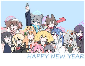  6+girls :3 animal_ear_fluff animal_ears apron arm_up bare_shoulders belt belt_buckle black_belt black_coat black_dress black_hair black_jacket blonde_hair blue_archive blue_background blue_eyes blue_hair blue_halo blue_jacket blue_necktie blue_sailor_collar blue_scarf blunt_bangs blush bob_cut border bow bowtie braid brown_eyes brown_hair brown_ribbon buckle buttons cat_girl china_dress chinese_clothes closed_eyes coat collared_shirt crossed_bangs diagonal-striped_ribbon double-breasted double_bun double_v dress dthmns english_text eyes_visible_through_hair flower fubuki_(blue_archive) green_eyes grey_dress grey_eyes grey_hair grey_halo hair_between_eyes hair_bow hair_bun hair_flower hair_ornament hair_over_one_eye hairband halo happy_new_year haruka_(blue_archive) hime_cut izuna_(blue_archive) jacket japanese_clothes kanoe_(blue_archive) kimono kisaki_(blue_archive) koyuki_(blue_archive) leaf_hair_ornament long_hair long_sleeves maid maid_apron maid_headdress mari_(blue_archive) medium_hair miyu_(blue_archive) multicolored_hair multiple_girls neck_ribbon necktie new_year open_clothes open_jacket open_mouth orange_hair orange_halo orange_jacket pinafore_dress pink_bow pink_eyes pink_hair pink_halo pink_kimono professor_niyaniya_(blue_archive) purple_eyes purple_hair purple_halo red_bow red_bowtie red_eyes red_scarf red_shirt ribbon sailor_collar scarf shiroko_(blue_archive) shirt shizuko_(blue_archive) short_kimono short_yukata single_braid sleeveless sleeveless_dress smile star-shaped_pupils star_(symbol) streaked_hair symbol-shaped_pupils twintails two_side_up v w wa_maid white_bow white_hairband white_jacket white_shirt wolf_ears wolf_girl yellow_halo yoshimi_(blue_archive) yukata 