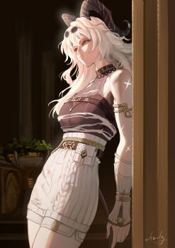  1girl absurdres bare_shoulders black_horns black_shirt black_tail breasts chucky_(chucky1000sun) closed_mouth commentary_request curled_horns dress eyewear_on_head from_side grey_dress grey_hair grey_shorts highres horns large_breasts long_hair looking_at_viewer looking_to_the_side official_alternate_costume red_eyes scar shirt shorts signature solo sunglasses sweater sweater_dress tail thighs torn_clothes torn_dress wuthering_waves zani_(downtown_repose)_(wuthering_waves) zani_(wuthering_waves) 