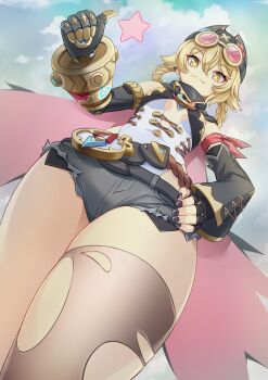  1girl 440_(straight440) absurdres asymmetrical_clothes bandana_around_arm beanie belt black_belt black_hat black_nails blonde_hair braid braided_hair_rings breasts brown_thighhighs buttons cape center_opening closed_mouth commentary_request compass day detached_sleeves earclip exposed_pocket eyewear_on_head fingerless_gloves fingernails from_below genshin_impact gloves green_eyes grey_shorts hair_between_eyes hair_rings hand_on_own_hip hat highleg highleg_leotard highres jahoda_(genshin_impact) leotard looking_at_viewer looking_down mechanical_arms multicolored_eyes nail_polish outdoors pink-tinted_eyewear prosthesis prosthetic_arm short_shorts shorts single_glove single_mechanical_arm single_sleeve single_thighhigh skindentation sky small_breasts smile solo star-shaped_pupils star_(symbol) sunglasses symbol-shaped_pupils thighhighs thighs thumbs_up tinted_eyewear torn_clothes torn_thighhighs x_hat_ornament yellow-framed_eyewear yellow_eyes 