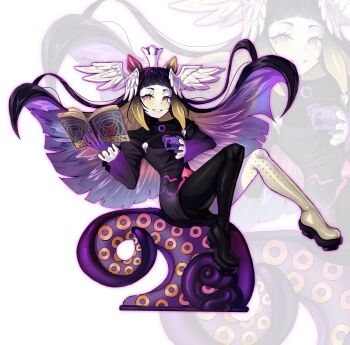  1girl asymmetrical_legwear black_dress black_hair blonde_hair book colored_inner_hair crown dress gradient_hair gradient_sleeves head_wings highres holding holding_book long_hair lutrinachi mismatched_legwear multicolored_hair ninomae_ina'nis purple_eyes purple_hair purple_hands solo tako_takover_(ninomae_ina'nis) tentacle_hair tentacles virtual_youtuber white_wings wings zoom_layer 