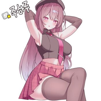  1girl armpits arms_behind_head beret black_gloves black_hat black_thighhighs blush breasts brown_hair collared_shirt commentary cowboy_shot crossed_legs double-parted_bangs elbow_gloves gloves hat highres jururu korean_commentary large_breasts long_hair looking_at_viewer miniskirt necktie open_mouth pink_eyes pink_necktie pink_skirt rapid17 shirt simple_background sitting skirt sleeveless sleeveless_shirt solo thighhighs translation_request virtual_youtuber waktaverse white_background 