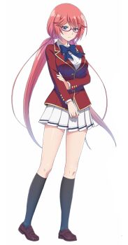  1girl advanced_nurturing_high_school_uniform black_socks blue_eyes blue_neckwear brown_shoes closed_mouth collared_shirt dress_shirt floating_hair hair_between_eyes holding_own_arm jacket kneehighs loafers long_hair long_sleeves looking_at_viewer low_twintails miniskirt non-web_source official_style pink_hair pleated_skirt red-framed_eyewear red_jacket sakura_airi school_uniform semi-rimless_eyewear shirt shoes simple_background skirt socks solo standing twintails under-rim_eyewear very_long_hair werkbau white_background white_shirt white_skirt wing_collar youkoso_jitsuryoku_shijou_shugi_no_kyoushitsu_e 