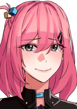  1girl absurdres bob_cut bocchi_the_rock! close-up closed_mouth color_connection commentary_request cosplay gotoh_hitori gotoh_hitori_(cosplay) grey_eyes hair_color_connection hair_ornament highres honkai_(series) honkai_impact_3rd looking_at_viewer pink_hair pyeong_il short_hair simple_background smile solo timido_cute upper_body white_background 