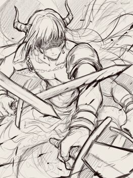  absurdres blindfold blindfold_mask commentary_request demon demon_boy demon_horns divine_revolte extra_arms greyscale highres holding holding_sword holding_weapon horns illustsushi lamia_boy long_hair mask monochrome monster_boy multiple_swords muscular quadruple_wielding sousou_no_frieren sword weapon 