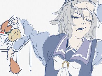  1girl afterimage arms_up closed_eyes commentary_request food food_on_face grey_hair hand_in_own_hair hand_on_own_head highres holding holding_food long_hair long_sleeves meme naoya_hitting_choso_without_looking_(meme) oguri_cap_(umamusume) open_mouth school_uniform shirt simple_background sketch solo table tracen_school_uniform umamusume yukige_subaru 