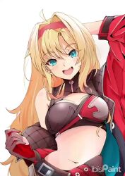  1girl ahoge animated aqua_eyes arm_behind_head belt blonde_hair blush breasts brown_shirt cleavage_cutout clothing_cutout coat commentary crop_top fang female_focus gloves granblue_fantasy hair_intakes long_hair looking_at_viewer making-of medium_breasts midriff navel official_art open_mouth pants red_coat red_gloves shirt simple_background single_bare_shoulder sketch skin_fang sleeveless sleeveless_shirt smile solo tagme toshino_niko upper_body video white_background zeta_(granblue_fantasy) zeta_(grand)_(granblue_fantasy)  rating:Sensitive score:6 user:WinDGo