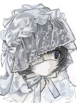  1girl :< black_eyes black_hair bow bowtie closed_mouth collar ehe_(nousi_nasu) eyepatch four-pointed_star frilled_collar frills hairband highres lace_veil lolita_fashion lolita_hairband looking_ahead medical_eyepatch one_eye_covered original pale_skin portrait short_hair simple_background solo star_(symbol) star_in_eye symbol_in_eye veil white_background white_bow white_bowtie 