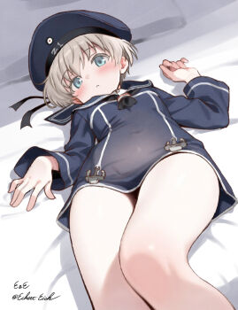  anchor_ornament bed black_neckerchief blue_dress blue_eyes blue_hat blue_sailor_collar dress eckert&amp;eich grey_hair hat highres kantai_collection looking_at_viewer neckerchief peaked_cap pillow sailor_collar sailor_dress sailor_hat short_dress short_hair z1_leberecht_maass_(kancolle)  rating:Sensitive score:31 user:danbooru