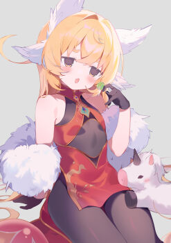  1girl absurdres animal_ears bare_shoulders black_gloves blonde_hair blush bodystocking breasts candy cowboy_shot dress fang feather_boa food gloves grey_background highres holding holding_candy holding_food holding_lollipop lollipop long_hair open_mouth original red_dress simple_background sitting skin_fang small_breasts solo stuffed_unicorn teoskyrios yellow_eyes 