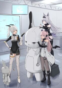  3girls animal_ears bare_shoulders bear_ears black_bodysuit black_boots black_thighhighs bodysuit boots clothing_cutout coat commentary dress english_commentary full_body grey_bodysuit grey_coat grey_dress grey_eyes grey_hair grey_hairband grey_pantyhose grey_thighhighs hair_intakes hairband headgear headphones heterochromia highres joints karenina:_scire_(pgr) karenina_(pgr) long_hair mechabare mechanical_arms mechanical_ears multiple_girls no._21:_feral_(pgr) no._21_(pgr) open_mouth orange_eyes pantyhose pink_eyes pink_hair punishing:_gray_raven rabbit rabbit_ears robot_joints sdl sidelocks teddy:_decryptor_(pgr) teddy_(pgr) thigh_cutout thighhighs twintails 
