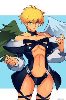  1boy angel_wings artist_name asymmetrical_wings bare_shoulders belt blonde_hair blue_background blue_eyes border choker collarbone cosplay dizzy_(guilty_gear) dizzy_(guilty_gear)_(cosplay) guilty_gear hair_between_eyes highres ky_kiske long_sleeves looking_at_viewer male_focus midriff navel pectorals puffy_long_sleeves puffy_sleeves short_hair simple_background skindentation smgold solo stomach thick_thighs thighs white_border wings 