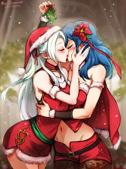 2girls alternate_costume bare_arms bare_shoulders blush breasts cape christmas cleavage closed_eyes commentary dress edelgard_von_hresvelg english_commentary female_byleth_(fire_emblem) fingernails fire_emblem fire_emblem:_three_houses flower gloves hair_flower hair_ornament hair_ribbon hat highres holding holding_mistletoe kiss leggings long_fingernails long_hair medium_breasts mina_cream mistletoe multiple_girls navel nintendo pantyhose poinsettia red_cape red_flower ribbon santa_hat shorts small_breasts stomach thighs white_hair yuri  rating:Sensitive score:15 user:danbooru