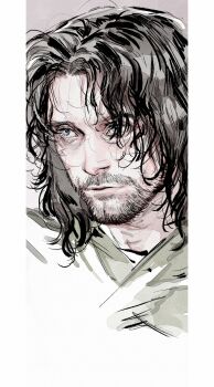  1boy aragorn black_hair closed_mouth commentary eliza_fox green_hood grey_background grey_eyes highres lips male_focus mature_male medium_hair parted_hair pillarboxed portrait realistic simple_background sketch solo the_lord_of_the_rings tolkien's_legendarium wavy_hair 