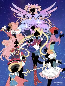  6+girls ahiru_(princess_tutu) ahoge artist_name bishoujo_senshi_sailor_moon black_hair blue_sailor_collar blue_skirt boots bow bowtie brown_hair cape cardcaptor_sakura character_request commentary copyright_request crossover crown dated double_bun dress elbow_gloves english_commentary epaulettes epee frilled_dress frills fuuin_no_tsue genre_connection gloves hair_bow hair_bun hat highres holding holding_sword holding_weapon inner_senshi kaname_madoka kellidraws kinomoto_sakura kinomoto_sakura_(magician) knee_boots long_hair mahou_shoujo_madoka_magica mahou_shoujo_madoka_magica:_hangyaku_no_monogatari mini_crown miniskirt mob_cap multiple_crossover multiple_girls ootori_gakuen_school_uniform open_mouth outstretched_arms pink_dress pink_hair pink_hat princess_sapphire princess_tutu princess_tutu_(character) puffy_short_sleeves puffy_sleeves red_boots red_bow red_bowtie red_cape red_hair ribbon_no_kishi sailor_collar sailor_moon sailor_senshi sailor_senshi_uniform school_uniform short_hair short_sleeves shoujo_kakumei_utena skirt sky spread_arms star_(sky) starry_sky sword sword_of_dios tenjou_utena tsukino_usagi tutu twintails ultimate_madoka weapon white_dress white_gloves wings 