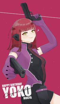 1girl birthday breasts character_name commentary dual_wielding elbow_gloves english_text gloves green_eyes gun happy_birthday headphones heattech_leotard highres holding holding_gun holding_weapon jacket katori_squad's_uniform katori_youko leotard medium_breasts medium_hair no_tendon69 purple_gloves purple_jacket red_background red_hair smile solo turtleneck weapon world_trigger 