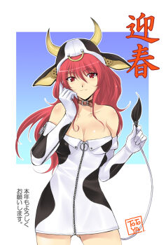  1girl animal_collar animal_ear_headwear animal_ears animal_hat artist_name bare_shoulders belt belt_buckle black_dress black_gloves breasts brown_belt buckle chinese_zodiac cleavage closed_mouth collar collarbone commentary cow_ears cow_hat cow_horns cow_tail cowboy_shot dress fake_animal_ears fake_horns fake_tail gloves gluteal_fold hair_between_eyes hand_on_own_face hands_up hat holding_own_tail horns judy_totoya large_breasts long_hair microdress multicolored_dress multicolored_gloves new_year original red_eyes red_hair smile solo strapless strapless_dress tail two-tone_dress two-tone_gloves white_dress white_gloves year_of_the_ox zipper zipper_pull_tab 