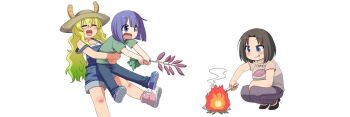  1boy 2girls :d :o :p age_difference black_hair blonde_hair blue_eyes blush carrying carrying_person child closed_eyes closed_mouth elma_(maidragon) fire fireplace food hat horns kobayashi-san_chi_no_maidragon lucoa_(maidragon) magatsuchi_shouta multicolored_hair multiple_girls open_mouth overalls pants purple_eyes purple_hair shorts smile squatting sweet_potato tongue tongue_out utamaro  rating:General score:7 user:Flamingo123