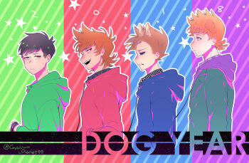  2018 4boys animal_ears animification antenna_hair artist_name blue_eyes blush brown_eyes brown_hair chinese_zodiac collar commentary_request dated_commentary dog_boy dog_ears edd_(eddsworld) eddsworld english_text extra_ears flipped_hair from_side green_hoodie green_jacket grey_eyes gyuuum_planet99 hair_behind_ear hair_ears holding holding_leash hollow_eyes hood hood_down hoodie jacket jitome kemonomimi_mode leash long_sleeves male_focus matt_(eddsworld) multiple_boys open_mouth orange_hair outline profile purple_hoodie red_hoodie short_hair smile spiked_collar spiked_hair spikes star_(symbol) striped_background studded_collar swept_bangs tom_(eddsworld) tord_(eddsworld) upper_body white_outline year_of_the_dog 