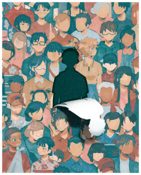  6+boys 6+girls abstract artist_name black_hair blonde_hair commentary crowd english_commentary faceless faceless_female faceless_male facing_viewer glasses hat highres hikaru_ga_shinda_natsu jacket japanese_clothes kimono long_hair looking_at_another looking_to_the_side male_focus multiple_boys multiple_girls paper shirt short_hair tsujinaka_yoshiki white_hair zipsunz 