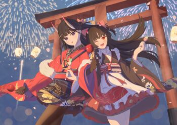  absurdres aerial_fireworks apron azur_lane black_gloves black_hair black_kimono bow brown_pantyhose candy_apple commentary feather_boa fireworks floral_print floral_print_kimono food frilled_apron frills gloves hair_bow hair_ornament hairclip highres holding holding_candy_apple holding_food horns japanese_clothes kimono lantern long_hair long_sleeves looking_at_viewer maid night noshiro_(azur_lane) noshiro_(uncharted_festival_grounds?)_(azur_lane) official_alternate_costume one_eye_closed open_mouth pantyhose paper_lantern pink_bow print_kimono purple_eyes red_eyes red_kimono sakawa_(azur_lane) sakawa_(the_colors_of_love)_(azur_lane) siblings sisters skin-covered_horns small_horns torii wa_maid white_apron white_pantyhose wide_sleeves yukata yuzu_sakura_(sgfe3347) 