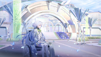  2boys 2girls absurdres blue_sky bow bowtie chinese_commentary closed_mouth colored_eyelashes commentary_request day dress graduation green_bow green_bowtie grey_hair highres holding jacket logo long_hair mornye_(wuthering_waves) multiple_boys multiple_girls official_art red_eyes sky solo_focus thighhighs wheelchair white_dress white_jacket white_thighhighs wuthering_waves 