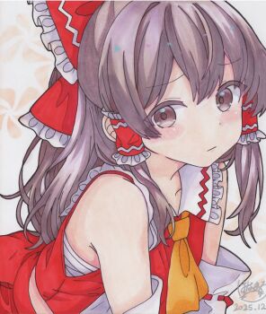  1girl ascot bare_shoulders black_hair black_pantyhose bow chest_sarashi closed_mouth commentary_request cropped_shirt dated detached_sleeves frilled_hair_tubes frills from_side hair_bow hair_tubes hakurei_reimu highres hoshi_tea_party light_blush long_hair looking_at_viewer nontraditional_miko pantyhose photo_(medium) red_bow red_shirt red_skirt ribbon-trimmed_sleeves ribbon_trim sarashi shirt sideways_glance signature skirt sleeveless sleeveless_shirt solo touhou traditional_media turning_head upper_body yellow_ascot 