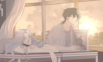  1boy 1girl absurdres arm_pillow black_hair catphine closed_eyes commentary curtains desk elbow_rest english_commentary grey_shirt hand_on_own_chin head_rest highres light_rays long_hair nephis_(shadow_slave) official_art_inset shadow_slave shirt short_hair sitting sunny_(shadow_slave) white_hair window_light 