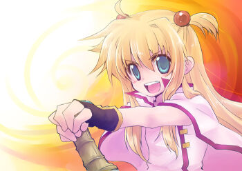  00s 1girl :d arisa_bunnings black_gloves blonde_hair blush burning_arisa female_focus fingerless_gloves gloves hair_bobbles hair_ornament kajikawa_yahiro looking_at_viewer lyrical_nanoha mahou_shoujo_lyrical_nanoha open_mouth round_teeth smile solo teeth two_side_up uniform upper_body 
