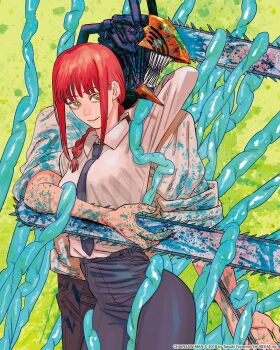  1boy 1girl artist_name black_necktie black_pants blood blood_on_clothes blood_on_face blue_blood breasts chainsaw chainsaw_man collared_shirt company_name copyright_name dated denji_(chainsaw_man) formal_clothes fujimoto_tatsuki green_background highres hug hug_from_behind intestines long_sleeves looking_at_viewer makima_(chainsaw_man) medium_breasts necktie official_art pants red_hair ringed_eyes second-party_source sharp_teeth shirt sidelocks sleeves_rolled_up smile teeth white_shirt yellow_eyes 