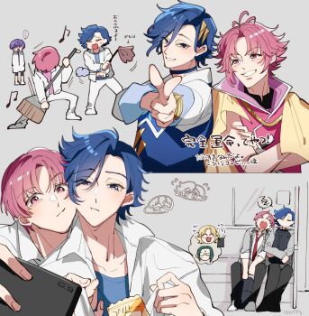  ... 5boys ahoge bag black_pants blonde_hair blue_eyes blue_hair blue_shirt blush broom broom_guitar cellphone chibi chibi_inset chips_(food) commentary_request cure_lock cure_top curtained_hair dancing_star_precure food green_hair grey_background grey_jacket highres holding holding_bag hoshikawa_gaku jacket kurose_maito long_bangs multiple_boys natsume_hayato necktie nonoko_(nopippichan) pants phone pink_eyes pink_hair pointing precure red_necktie school_bag selfie shirt short_hair sleeping sleeping_on_person tengen_kouga tsukimiya_sasana unconventional_guitar white_jacket 