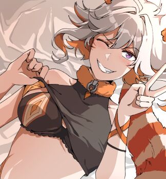  1girl ahoge animal_ears black_bra bra breasts clothes_lift demenishki facial_mark fatpenguinz grin hair_between_eyes hair_intakes highres indie_virtual_youtuber large_breasts looking_at_viewer lying multicolored_hair on_back one_eye_closed orange_hair purple_eyes red_panda_ears red_panda_girl red_panda_tail shirt_lift short_hair smile tail teasing underwear v virtual_youtuber whisker_markings white_hair 