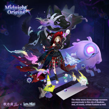  1girl akiakane artist_name bare_shoulders black_boots black_dress black_hat black_sleeves blunt_ends bob_cut boots brown_hair cerberus character_name copyright_logo detached_sleeves dog dress dripping english_text evil_smile eyeball frilled_dress frills full_body happy hat high_heel_boots high_heels holding holding_wand large_hat lipstick logo long_sleeves makeup midnight_origins_(miracle_nikki) miracle_nikki monster nikki_(series) official_art open_mouth parted_bangs purple_background purple_eyes railroad_tracks red_hat red_lips short_hair sleeveless sleeveless_dress smile solo stairs teeth third-party_source torn_clothes torn_dress traffic_cone two-sided_fabric two-sided_headwear upper_teeth_only walking wand witch 