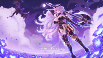  1girl arm_up armor artist_name aura axe battle_axe black_armor black_panties boots breasts camilla_(fire_emblem) cleavage cloud commentary commission crest_of_nohr dragon english_commentary english_text field fire_emblem fire_emblem_fates flower flower_field flying from_below full_body gloves hair_over_one_eye high_heel_boots high_heels highres holding holding_axe large_breasts long_hair moon night nintendo outdoors panties pelvic_curtain petals purple_background purple_eyes purple_flower purple_hair purple_lips purple_petals red_eyes smile solo standing sumustard thick_thighs thighs tiara underwear very_long_hair wavy_hair weapon wyvern 