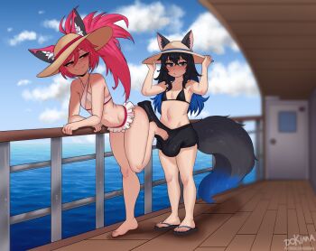  2girls animal_ears animal_penis barefoot bikini black_bikini black_hair blush boat bulge closed_mouth dokima ears_through_headwear erection erection_under_clothes flat_chest flip-flops footjob_over_clothes fox_ears fox_girl fox_tail frilled_bikini frills full_body hat highres horse_penis long_hair looking_at_another looking_at_viewer multiple_girls naughty_face navel ocean original penis pink_hair ponytail red_eyes sandals smile soles standing standing_on_one_leg stomach straw_hat sun_hat swimsuit tail toes watercraft white_bikini 