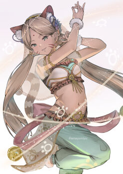  1girl amayomiyu animal_ears asian_indian_clothes bindi blonde_hair dancing earrings green_eyes heaven_burns_red jewelry long_hair navel solo tiger_ears twintails veil vritika_balakrishnan vritika_balakrishnan_(beautiful_sardula)  rating:Sensitive score:5 user:danbooru