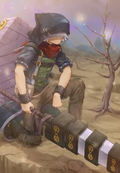  1boy ahonobo bag bare_tree belt belt_pouch blue_coat boots brown_boots brown_pants character_request coat commentary_request crack faceless faceless_male green_shirt hair_over_eyes highres holding holding_sword holding_weapon hood hood_up male_focus on_one_knee open_clothes outdoors pants pouch red_scarf ribbed_shirt road_to_dragons scarf shirt short_sleeves solo sword torn tree weapon white_hair wristband 