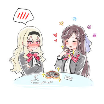  2girls arm_at_side black_hairband blonde_hair blue_ribbon blush bow bowtie box box_of_chocolates bright_pupils brown_hair candy chibinekopan chocolate chocolate_heart closed_eyes closed_mouth collared_shirt commentary crossed_arms eating embarrassed flower_symbol food grey_jacket hair_ornament hair_ribbon hairband half_updo hand_up hands_up heart heart-shaped_box heart-shaped_food highres holding holding_chocolate holding_food jacket long_hair long_sleeves looking_ahead multiple_girls nose_blush open_box open_clothes open_jacket open_mouth parted_bangs pink_eyes red_bow red_bowtie ribbon saijou_claudine school_uniform seishou_music_academy_uniform shirt shoujo_kageki_revue_starlight simple_background smile sparkle speech_bubble spoken_blush sweatdrop table tendou_maya untranslatable_commentary upper_body v-shaped_eyebrows valentine very_long_hair wavy_mouth white_background white_pupils white_ribbon x_hair_ornament yuri 