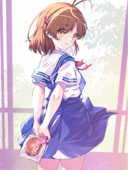  1girl akayama_yukihe anpan antenna_hair arms_behind_back blue_skirt blush bread brown_eyes brown_hair clannad commentary_request cowboy_shot day floating_clothes food from_below furukawa_nagisa hair_ornament hairclip high-waist_skirt highres hikarizaka_private_high_school_uniform indoors looking_at_viewer looking_back medium_hair open_mouth red_ribbon revision ribbon sailor_collar school_uniform serafuku shirt short_sleeves skirt snack summer_uniform suspender_skirt suspenders tareme translated v_arms white_sailor_collar white_shirt 