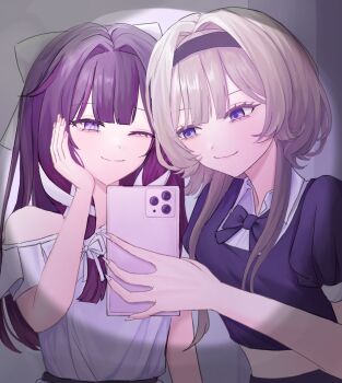  2girls alternate_costume bare_shoulders black_hair blue_eyes bow breasts brown_hair cellphone cellphone_photo closed_mouth collared_shirt columbina_(genshin_impact) commentary contemporary dress genshin_impact hair_bow hairband hand_on_own_face highres holding holding_phone korean_commentary long_hair looking_at_phone multicolored_hair multiple_girls navel off-shoulder_dress off_shoulder one_eye_closed phone purple_hair purple_streaks roheun_1414 sandrone_(genshin_impact) shirt short_hair short_hair_with_long_locks short_sleeves sidelocks skirt smartphone smile streaked_hair taking_picture two-tone_hair unusually_open_eyes white_dress 