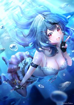  1girl armlet artist_name bare_shoulders black_gloves black_pantyhose blush braid breasts camisole cleavage clownfish collarbone commentary_request fingerless_gloves fingernails fish gloves grey_hair hair_between_eyes hololive jewelry kabosu_(anna_neji) large_breasts long_hair looking_at_viewer nail_polish o-ring o-ring_thigh_strap ocean open_mouth pantyhose plaid_clothes plaid_skirt red_eyes red_nails red_skirt sakamata_chloe skirt smile solo thigh_strap underwater v virtual_youtuber white_camisole 