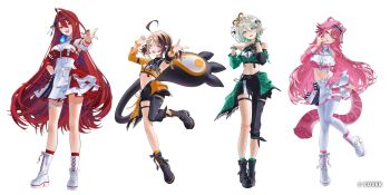  4girls :d ;d ahoge animal_ears asymmetrical_clothes asymmetrical_sleeves black_pants black_shirt blue_fire blue_hair boots braid breasts brown_hair cecilia_immergreen collared_shirt color-coded colored_inner_hair commentary_request copyright_name cropped_shirt detached_sleeves doll doll_joints double-parted_bangs elizabeth_rose_bloodflame fire fire_on_chest full_body gigi_murin green_eyes green_hair grey_hair hair_between_eyes hair_ornament hand_up hands_up highres holojustice hololive hololive_english hololive_idol_uniform_(color_rise) huge_ahoge joints kaoruko_(unkrk55) lace-up_boots large_breasts long_hair looking_at_viewer midriff miniskirt mismatched_sleeves multicolored_hair multicolored_shirt multiple_girls navel official_alternate_costume official_art one_eye_closed open_mouth outstretched_arm panther_ears panther_girl panther_tail pants pink_eyes pink_hair platform_boots puffy_detached_sleeves puffy_short_sleeves puffy_sleeves raora_panthera red_eyes red_hair shirt short_hair short_sleeves short_twintails side_braid sidelocks simple_background single_braid single_detached_sleeve single_pantsleg single_sleeve skirt smile standing tail thighhighs twintails two-tone_hair very_long_hair virtual_youtuber white_background white_shirt white_skirt white_streaks white_thighhighs winding_key yellow_eyes 