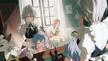  3girls apron bat_wings bathroom beret black_ribbon blue_dress blue_eyes bow braid brushing_another's_hair brushing_hair closed_mouth collared_shirt curtains day door double-parted_bangs dress faucet flower frilled_shirt_collar frills green_bow green_hat green_vest grey_hair hair_between_eyes hair_bow hair_brush hat hat_ornament highres holding holding_hair_brush hong_meiling indoors izayoi_sakuya lily_(flower) long_hair medium_hair mirror multiple_girls neck_ribbon on_toilet open_mouth pants parted_bangs pink_shirt puffy_short_sleeves puffy_sleeves rcs_4 red_hair reflection remilia_scarlet ribbon shirt short_sleeves side_braids sitting star_(symbol) star_hat_ornament toilet toilet_use touhou vest waist_apron white_apron white_flower white_pants white_shirt window wings wrist_cuffs yawning 