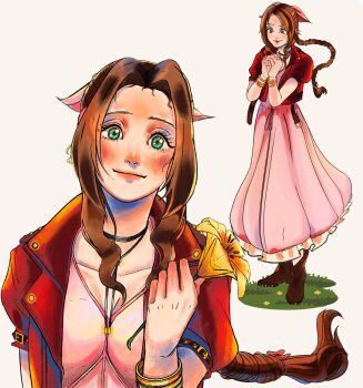  1girl aerith_gainsborough bangle blush boots bracelet braid braided_ponytail breasts brown_boots brown_hair choker cleavage closed_mouth dress final_fantasy final_fantasy_vii final_fantasy_vii_rebirth final_fantasy_vii_remake flower flower_choker green_eyes highres holding holding_flower jacket jewelry lily_(flower) long_dress long_hair medium_breasts own_hands_clasped own_hands_together parted_bangs pink_dress puffy_short_sleeves puffy_sleeves red_jacket short_sleeves sidelocks smile solo thisbymaha white_background 